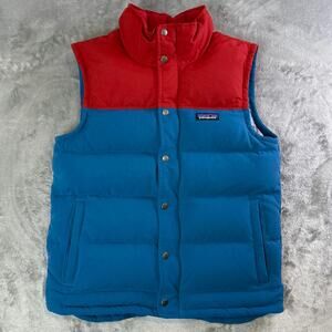 Patagonia Down Puffer Vest Mens Small Red Blue Colorblock Snap Front Gorpcore